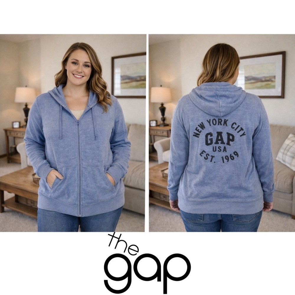 The gap Heather blue logo stamp back zip hoodie